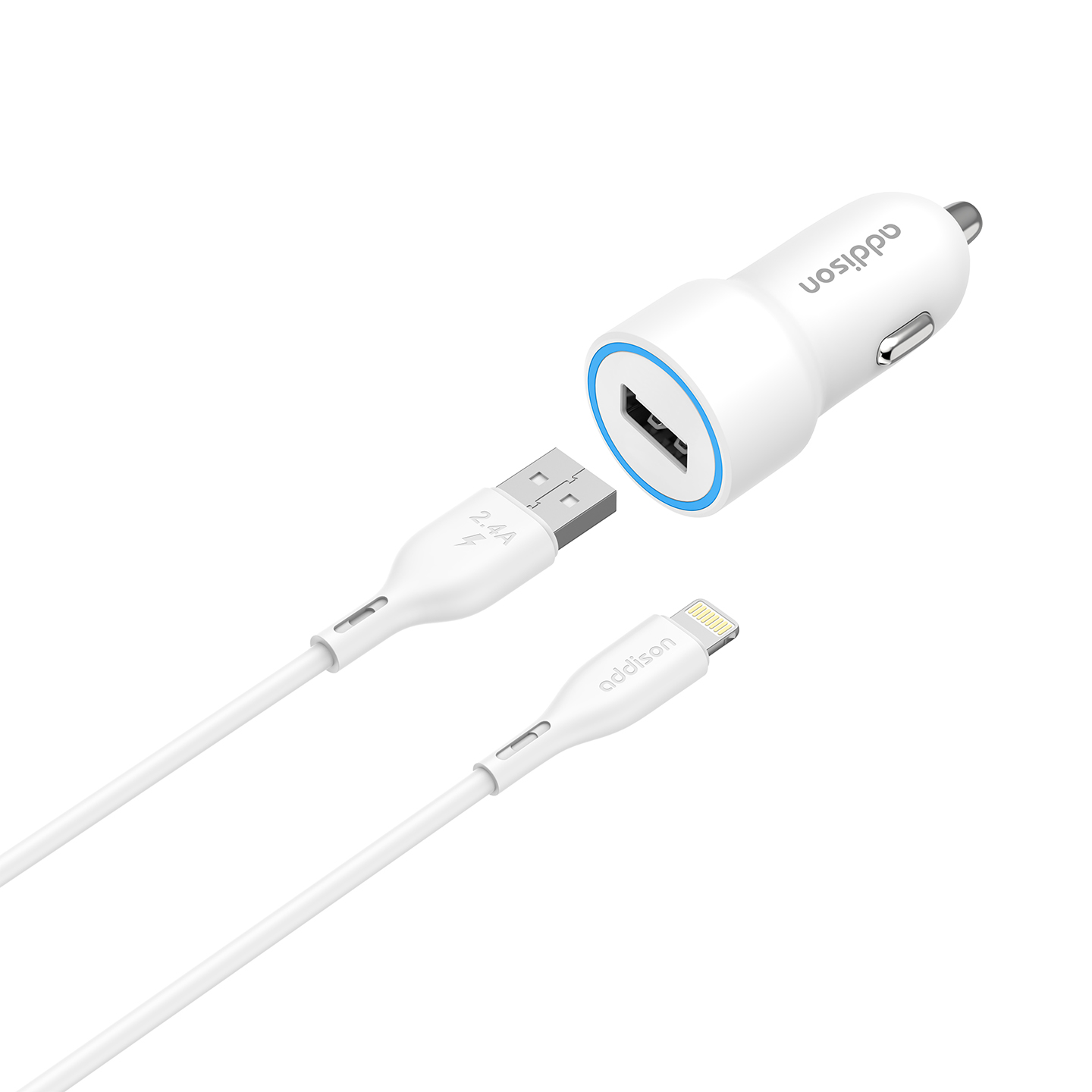 Addison ADS-CC20 USB to Lightning Kablolu 2.4A USB Beyaz Araç Şarj Cihazı