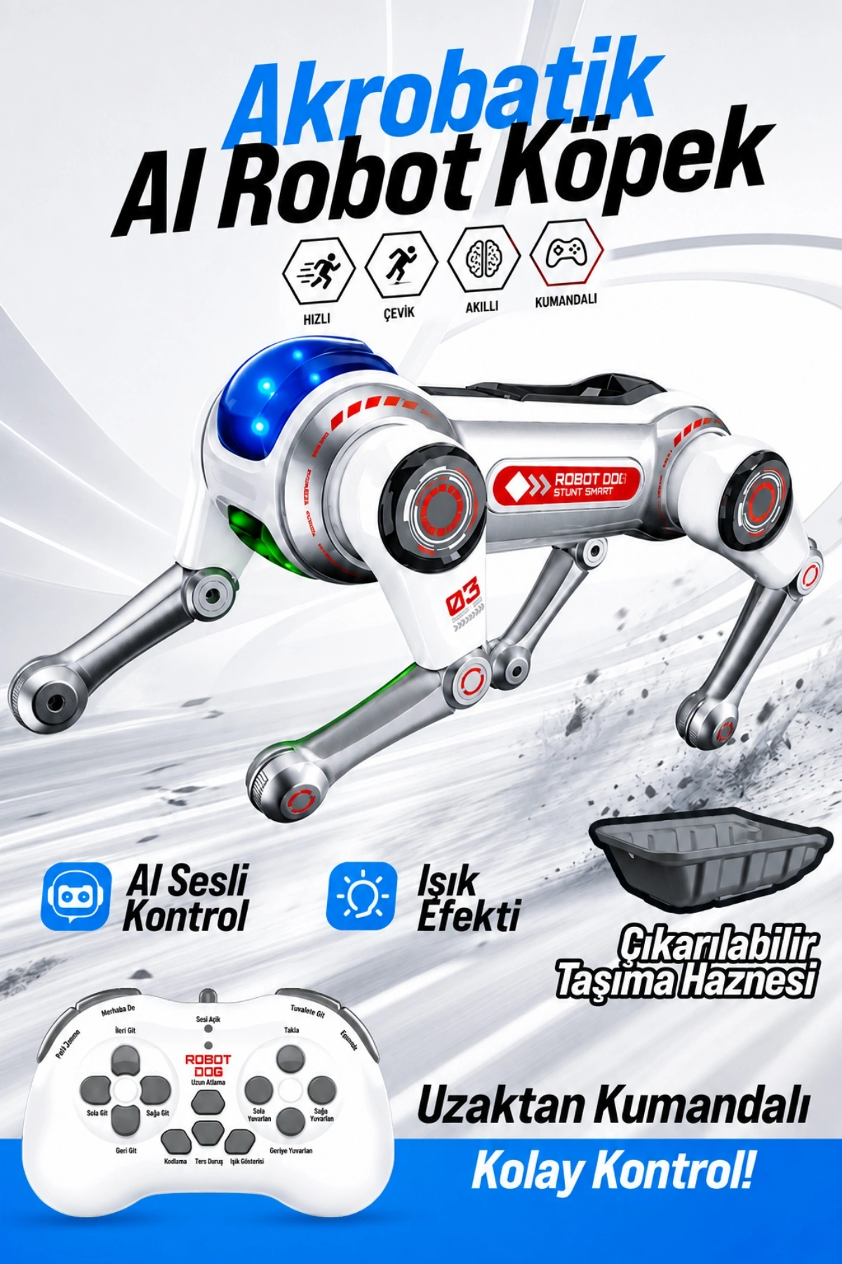 Blic BRB1 Akıllı Robot Köpek 2.4GHz Uzaktan Kumandalı Sesli Komutlu RGB Işıklı ve Akrobatik Eğitici