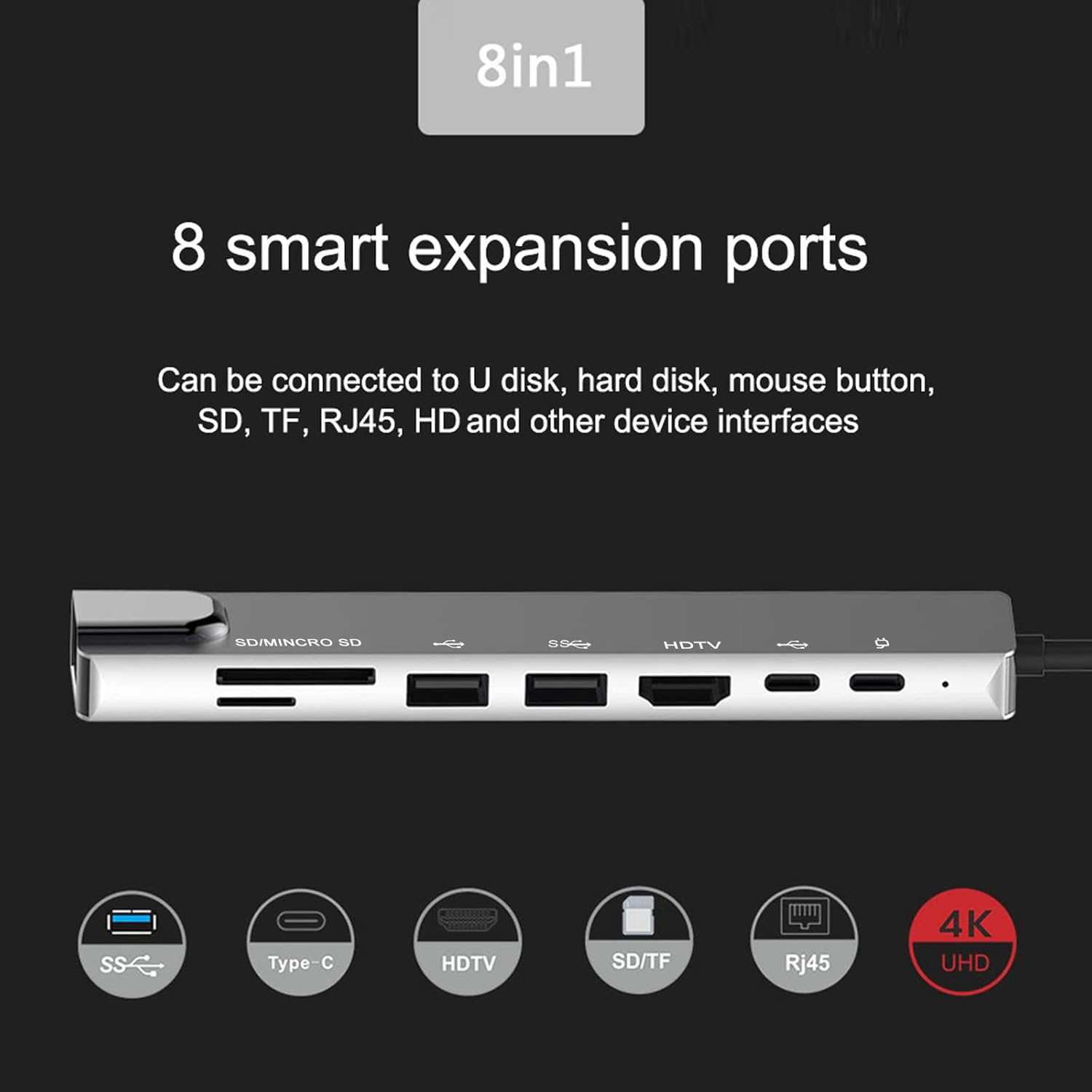 HADRON HDX7841 Type-C Combo Hub HDMI 4K USB 3.0 LAN Kart Okuyucu 8 Port - Gri