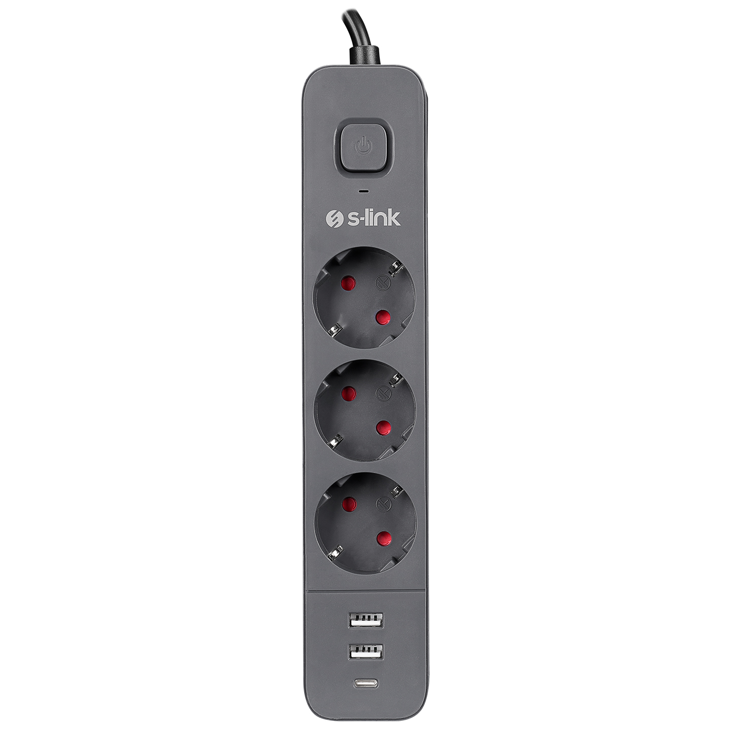 S-link SPG03U 2 Usb +1Type C 5V2.4A 1.5m 3x1.00mm 100% Bakır 750 Joule 3 lü Anahtarlı Akım Korumalı Siyah Priz